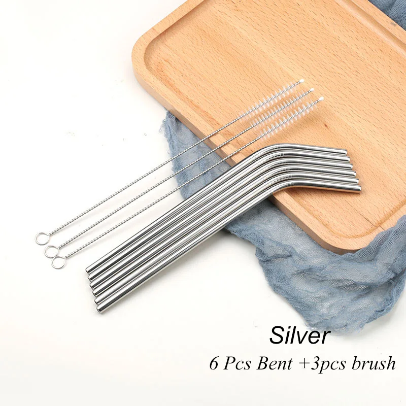 01 Bend Silver 6 шт. многоразовые соломинки из нержавеющей стали для питья, прямые изогнутые металлические соломинки из нержавеющей стали, набор для кружек, вечерние аксессуары для бара - Цвет: 01 Bend Silver