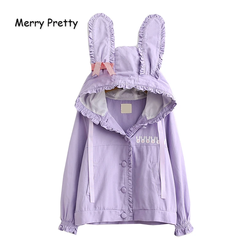 Merry Pretty, женские осенние зимние Базовые Куртки, Женская милая куртка с вышитыми заячьими ушками, однобортная розовая верхняя одежда