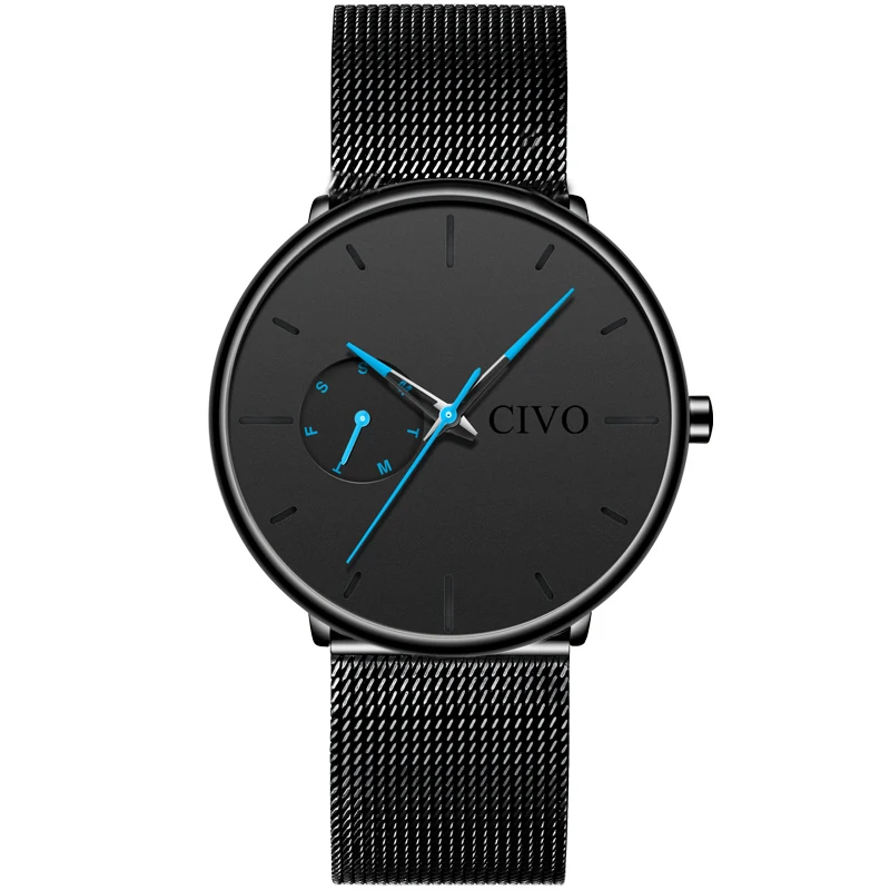 mesh blue needle CIVO модные мужские часы кварцевые часы мужские водонепроницаемые минималистичные ультра тонкие наручные часы из нержавеющей стали с сеткой для мужчин подарок часы - Цвет: mesh blue needle