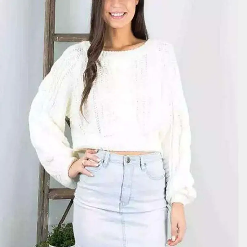 Autumn Short Knitted Sexy Sweater Women Pullover Crop Tops Winter White Lantern Sleeve O-Neck Warm Sweaters Female Pullovers | Женская