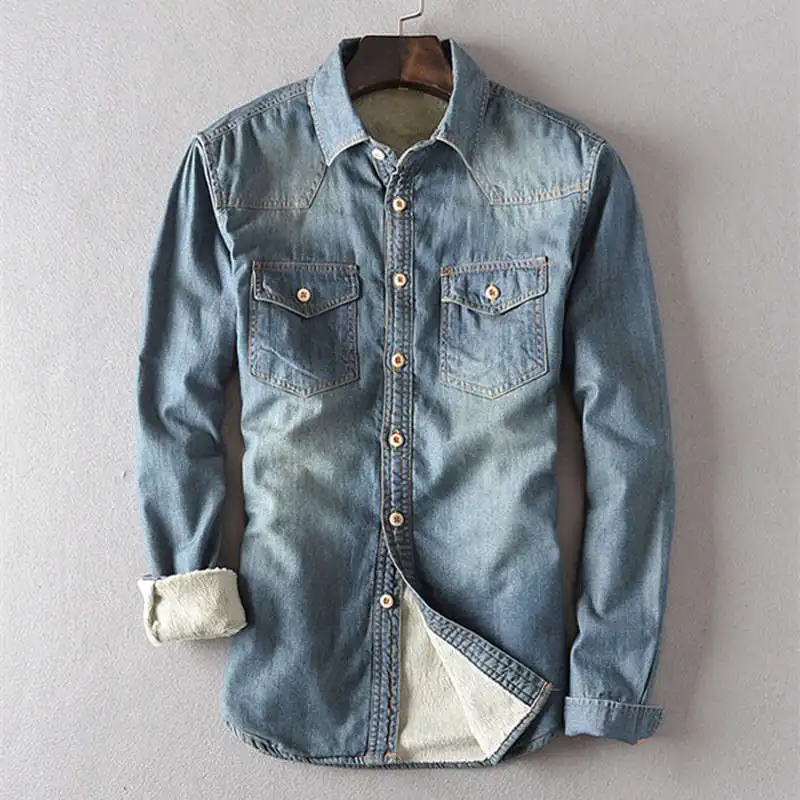 dark blue Модная мужская джинсовая рубашка Осень Зима Плюс Вельветовая подкладка ковбойская Повседневная рубашка мужская синяя хлопковая джинсовая рубашка новая мужская Свободная рубашка - Цвет: dark blue