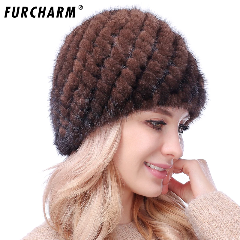 Женские шапки из натурального меха норки FURCHARM зимняя вязаная шапка с помпоном