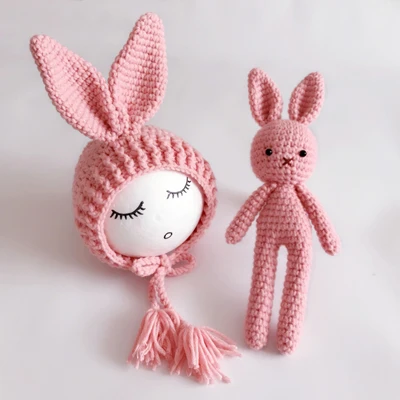 Pink Rabbit Set Вязаный крючком костюм для новорожденных девочек и мальчиков; шапка+ игрушка; аксессуары для фотосессии; шапки для новорожденных - Цвет: Pink Rabbit Set