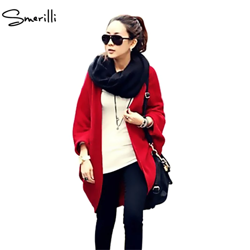 2018 New Women Loose Shawl Batwing Sleeves Lady Knit Sweater Coat Woolen Female Cardigans Red/Black Free Size |