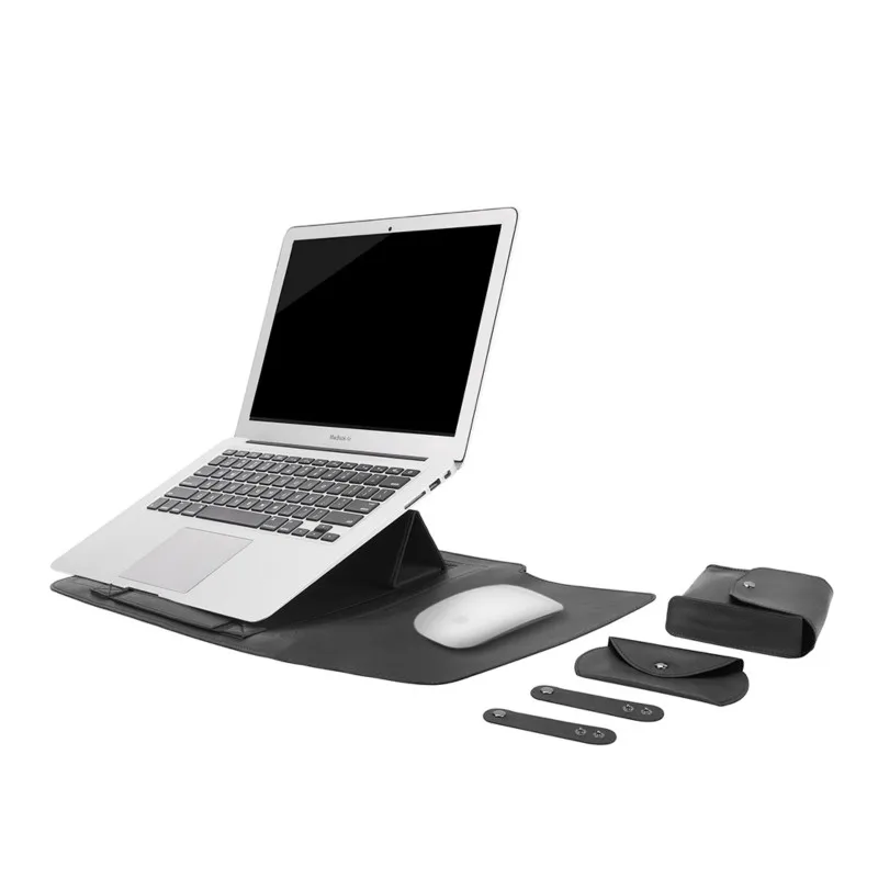 black Сумка для ноутбука из искусственной кожи, водонепроницаемый чехол для Macbook Air Pro 13 15, Портативная сумка для ноутбука с опорой - Цвет: black