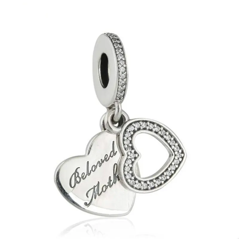 

925-Sterling-Silver Beloved Mother Pendant Charms Mother's Day Gift AAA Clear CZ Heart Dangle Fits Pandora Bracelet DIY