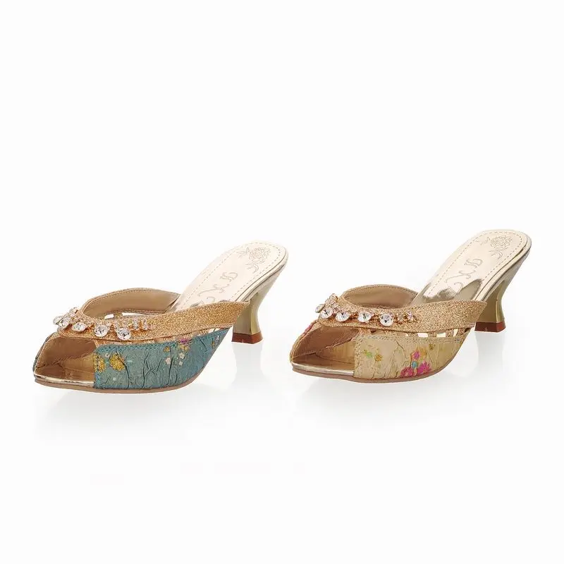 Женская обувь со стразами Босоножки с открытым носком Летние шлепанцы на каблуке