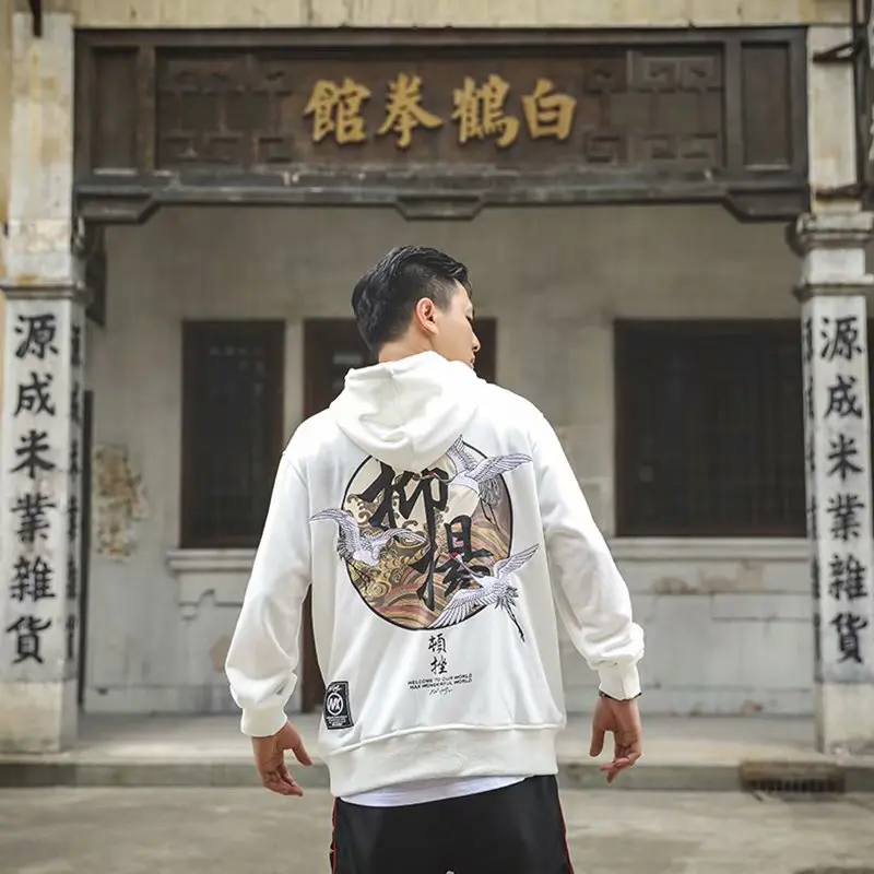 Embroidery Cranes Pullover Text Printing Hoodies Men Winter Hip Hop Male Casual Hooded Sweatshirts Streetwear Japanese
