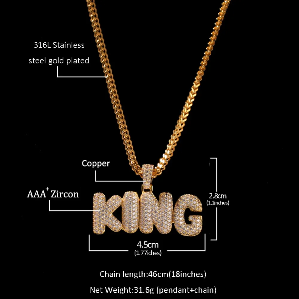 

TBTK Statement Pendant Necklace KING Stitching Letters Copper Metal Paved Sparkling Charm Zircon Stones Luxury Jewelry Man Punk