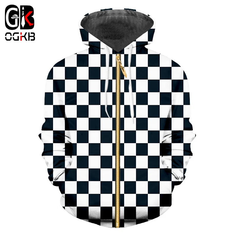 OGKB Мужская толстовка на молнии с принтом черно белая сетка 3D Толстовка капюшоном