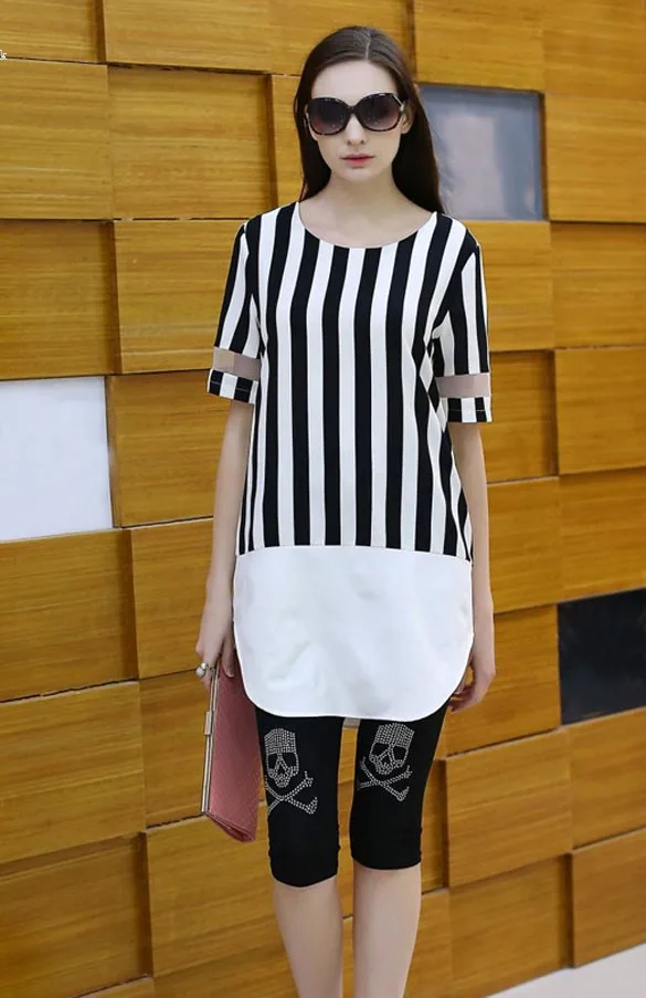 Дешевая Одежда Китай 2015 Женщин Вскользь Коротким Рукавом В Полоску Прямо Мини