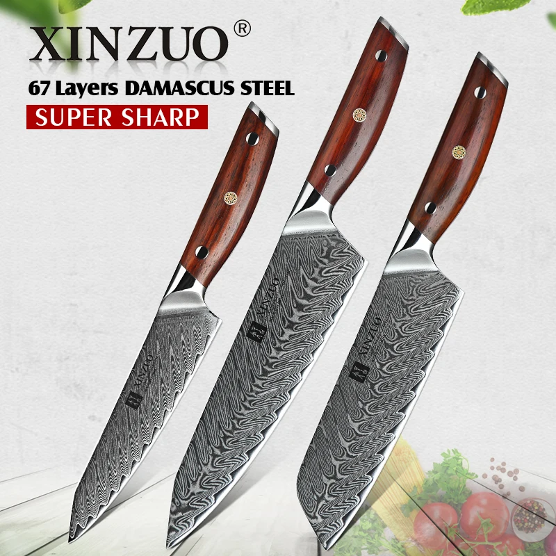 XINZUO 3 шт. набор кухонных ножей Дамасская сталь японский стиль острые овощи Мясо Кливер нож шеф-повара мозаичная заклепочная рукоять