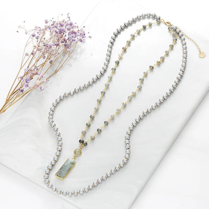 BOJIU Fashion Square Long Pendant Necklace Round Grey Crystal Women Wood Beads In Jewelry NKS193 | Украшения и аксессуары