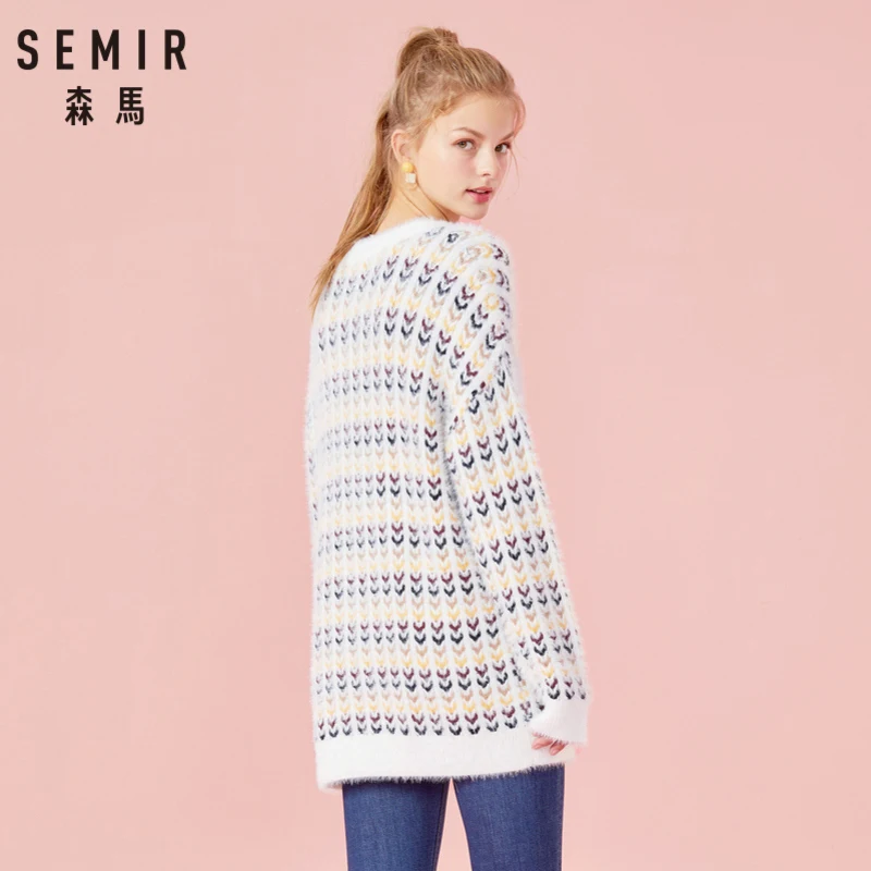 SEMIR Для женщин Свободный Пушистый ребра вязаный свитер с контрастными отделкой