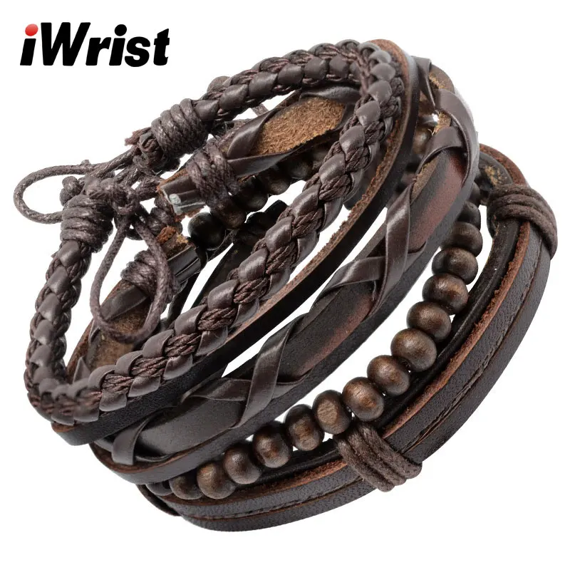 IWrist Мужской винтажный многослойный коричневый браслет из натуральной кожи