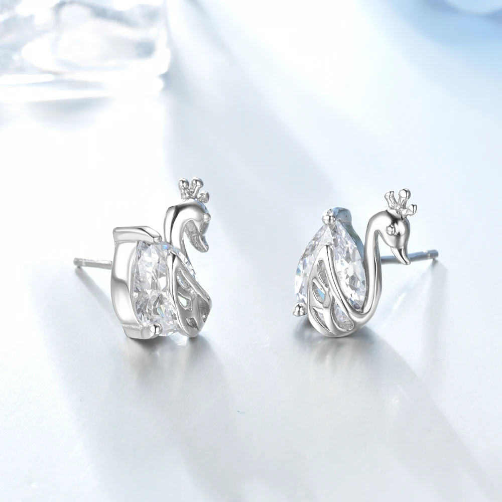 LZESHINE Elegant Authentic S925 Sterling Silver Earrings Swan AAA Zircon Inlay Stud For Women Engagement Jewelry Gift | Украшения и