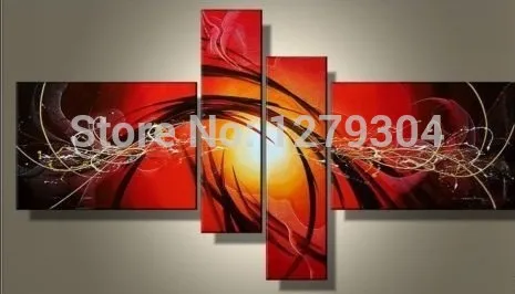 Free shipping100%Handpainted 4 piece sun bright red lines landscape abstract picture Oil Painting On Canvas artHome Decoration | Дом и сад