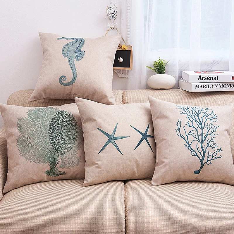 Наволочка в средиземноморском стиле морская Морская звезда Коралловая льняная