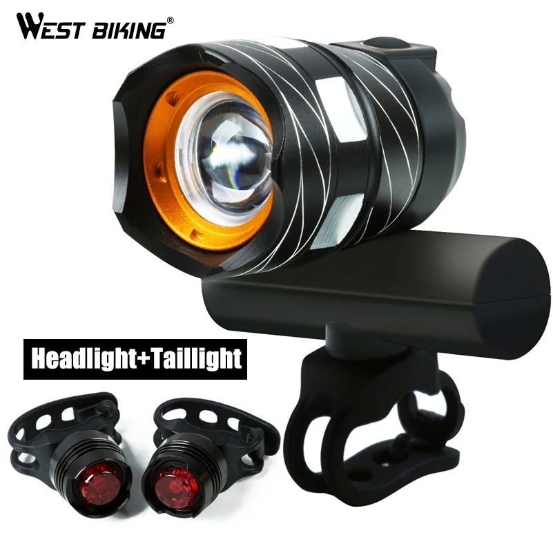 

WEST BIKING Bicycle Waterproof T6 Handlebar Light USB Rechargable Adjustable Focus 1200 LM Bright Warning Taillamp Cycling Light
