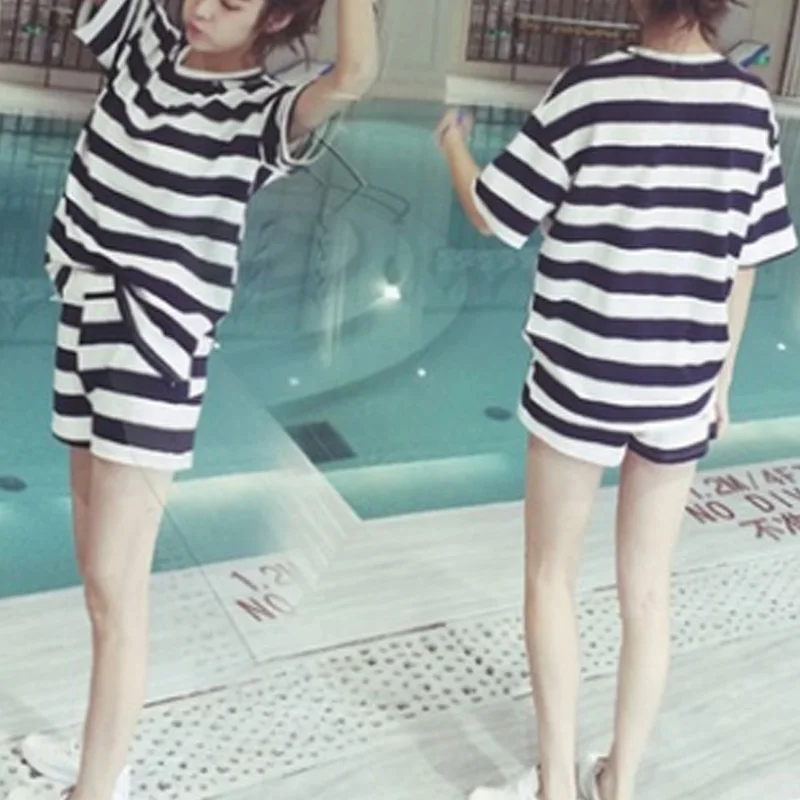 Black Stripes Одежда для сна, милые домашние костюмы, сексуальная пижама с коротким рукавом, пижамный комплект,, женские пижамы, удобные, для девочек, весна и лето, 2Xl - Цвет: Black Stripes