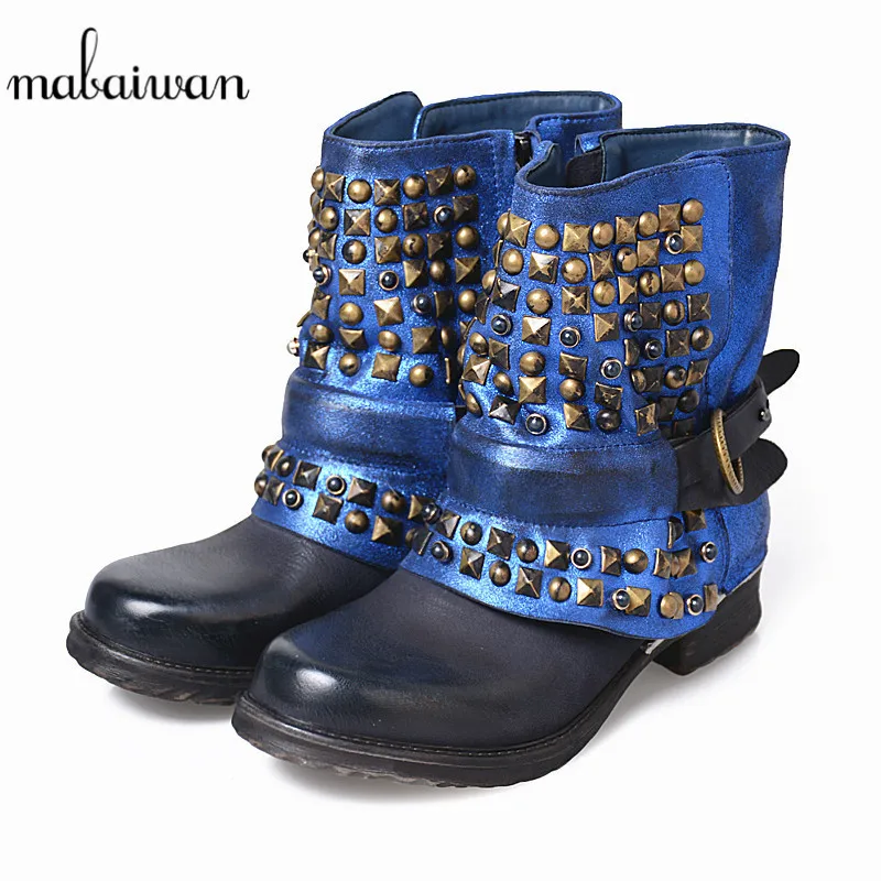 

Mabaiwan Fashion New Design Genuine Leather Women Shoes Blue Winter Snow Ankle Boots Zapatos Mujer Rivet Flats Shoes Women Boots