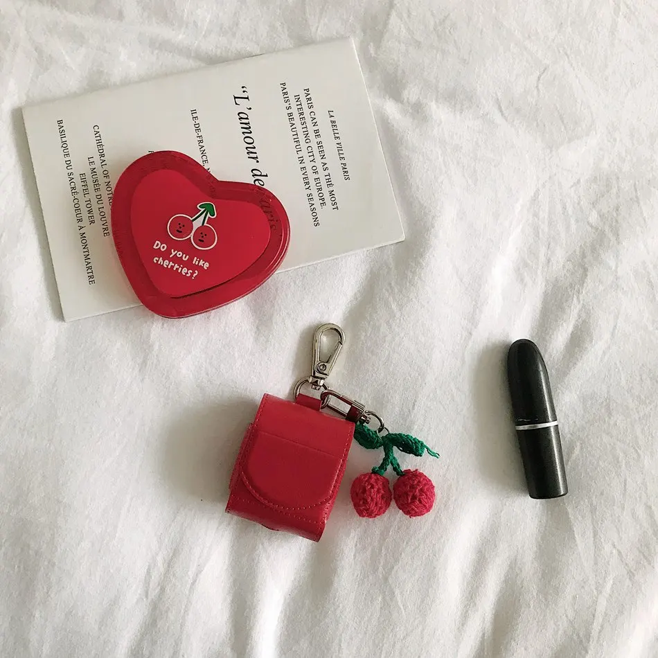 Чехол для наушников для Airpods 2, кожаный роскошный чехол с красной вишней для Apple Air Pods, защитный чехол с кольцами для ключей, аксессуары, чехол