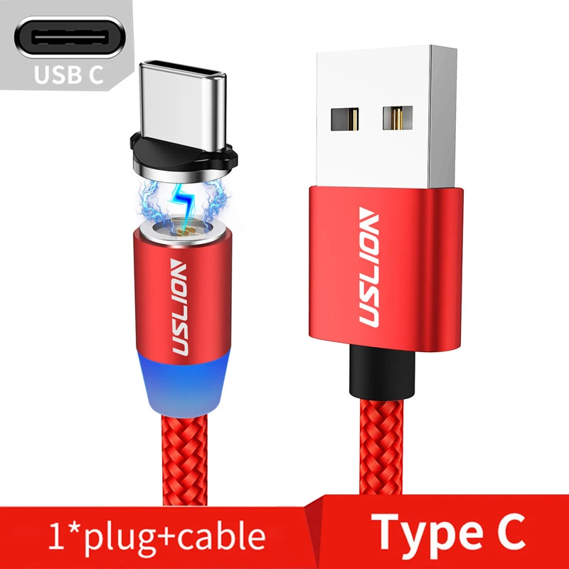 Red For Type C USLION, магнитное зарядное устройство, быстрая зарядка, магнит, USB, микро кабель, 3А, Тип C, кабель type-C, светодиодный, в нейлоновой оплетке, для Iphone 7, XS, XR, samsung - Цвет: Red For Type C