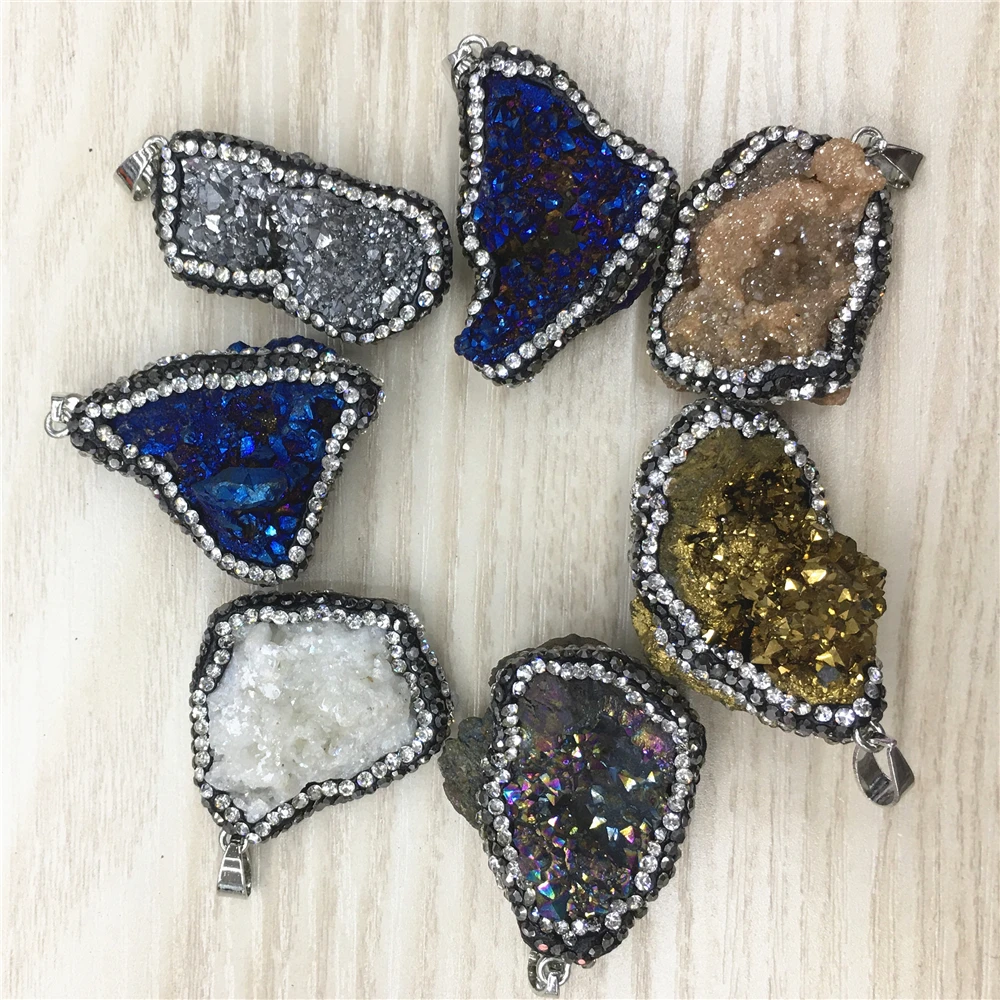 Rhinestone Irregular Natural Stone Pendants Pendulum Crystal Druzys Drusy Pendants Sparkling Pendant Necklace for Jewelry Making