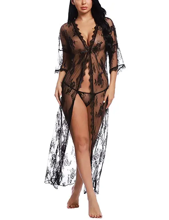 black Женское нижнее белье, сексуальное кружевное длинное платье-халат, Babydoll, нижнее белье, стринги - Цвет: black