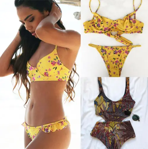 Новый стиль женская сексуальная пляжная одежда цветочный принт купальник пуш ап