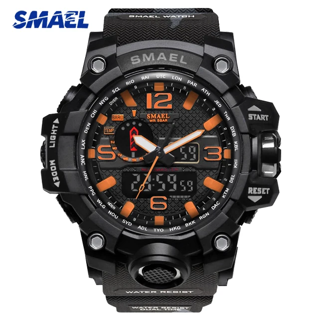 1545B Black Orange SMAEL мужские камуфляжные военные спортивные часы 1545 S SHOCK style Мужские кварцевые часы мужские светодиодные цифровые наручные часы erkek kol saati - Цвет: 1545B Black Orange