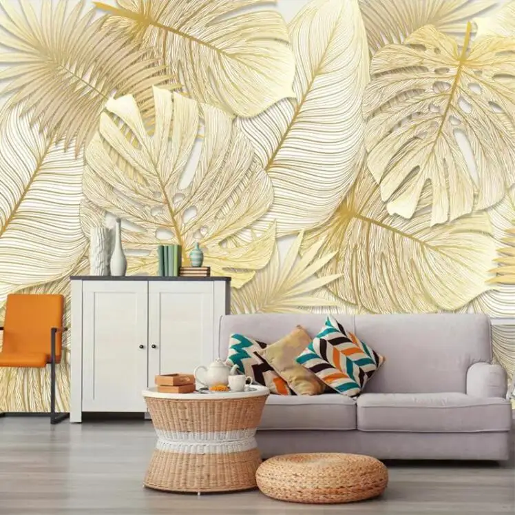 

Modern Custom Wallpaper 3D Photo Mural Nordic Rich Elegant Tropical Rain Forest Golden Banana Leaf Wallpaper Roll for Bedroom