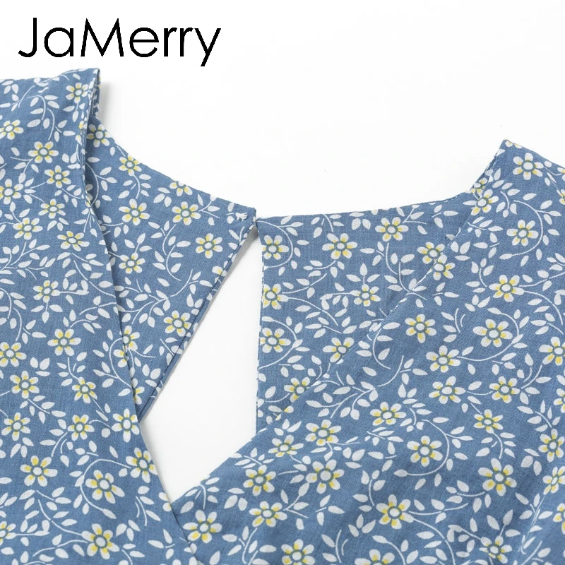 JaMerry Boho Летнее платье с цветочным принтом женское V шейный галстук бабочка рюшами