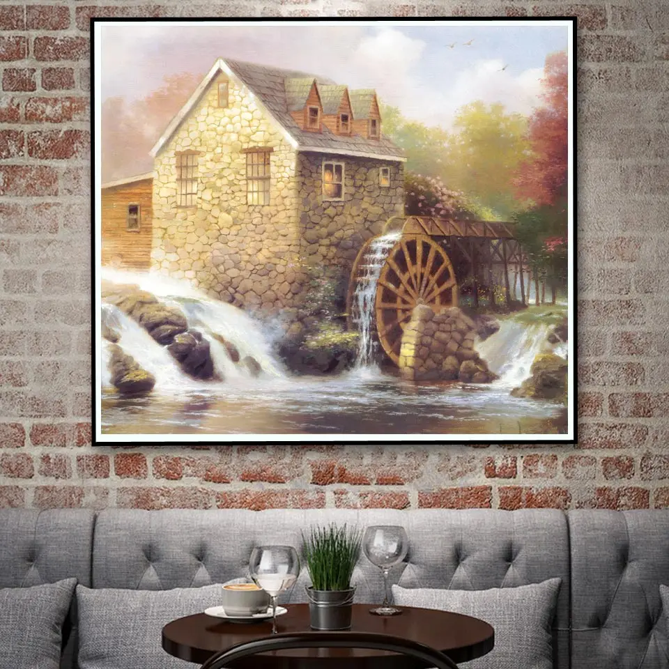 Thomas Kinkade дача горы водопад, мост Шелковый плакат картина маслом для домашнего декора 14x16 20x23 26x30 32x37 дюймов без рамы