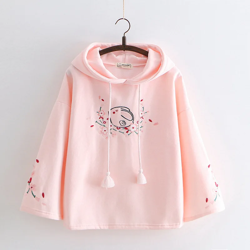 Розовый Merry Pretty, женские розовые толстовки с капюшоном с цветочной вышивкой, зима, с расклешенными рукавами, плюс бархат, плотные толстовки, милые пуловеры - Цвет: Розовый