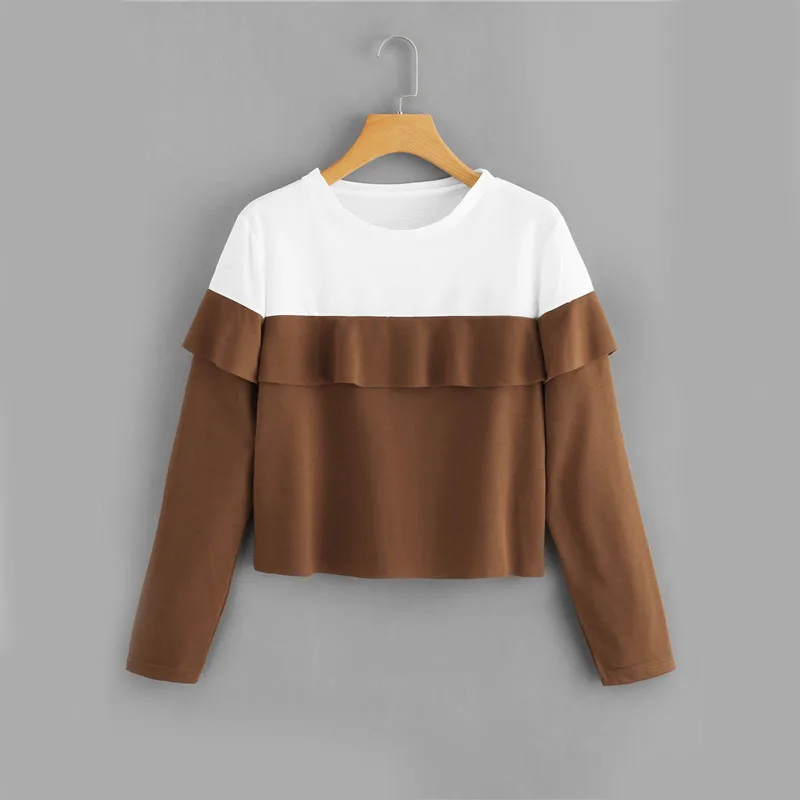 Dotfashion бордовая отделка рюшами цветной блок Толстовка Женская Лоскутная с длинным рукавом укороченный топ Осенняя свободная укороченная Толстовка - Цвет: Коричневый