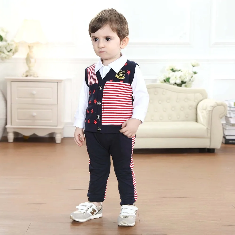 baby boy clothes wholesale kids fashion jongens kleding kinder plaid 2 pcs spring single breased patchwork suits |