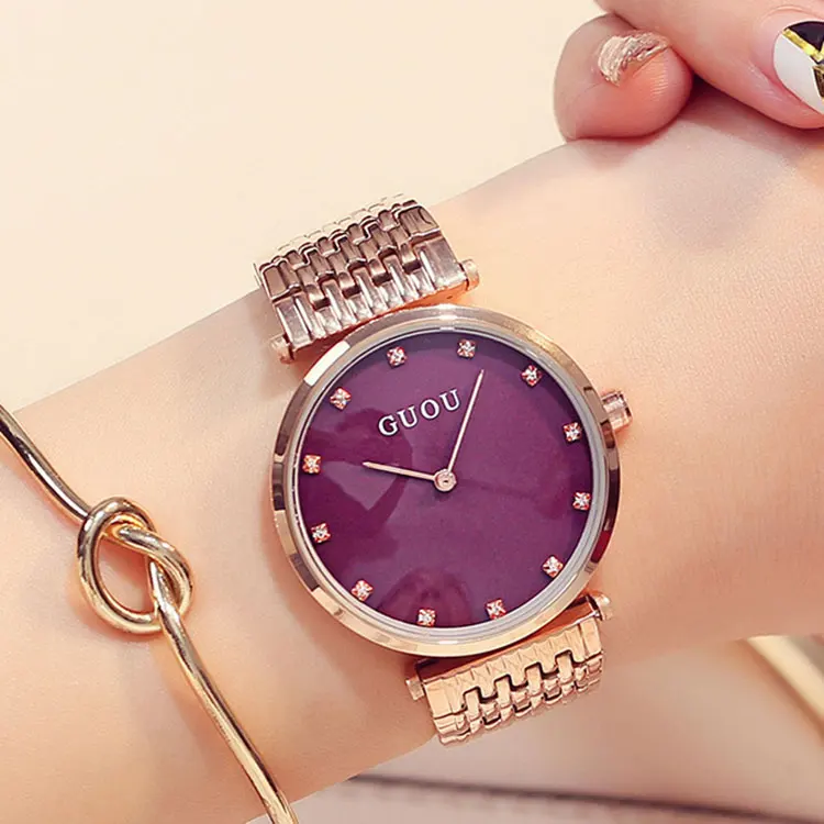 Женские кварцевые часы Простой Тонкий браслет со стразами розовое золото |