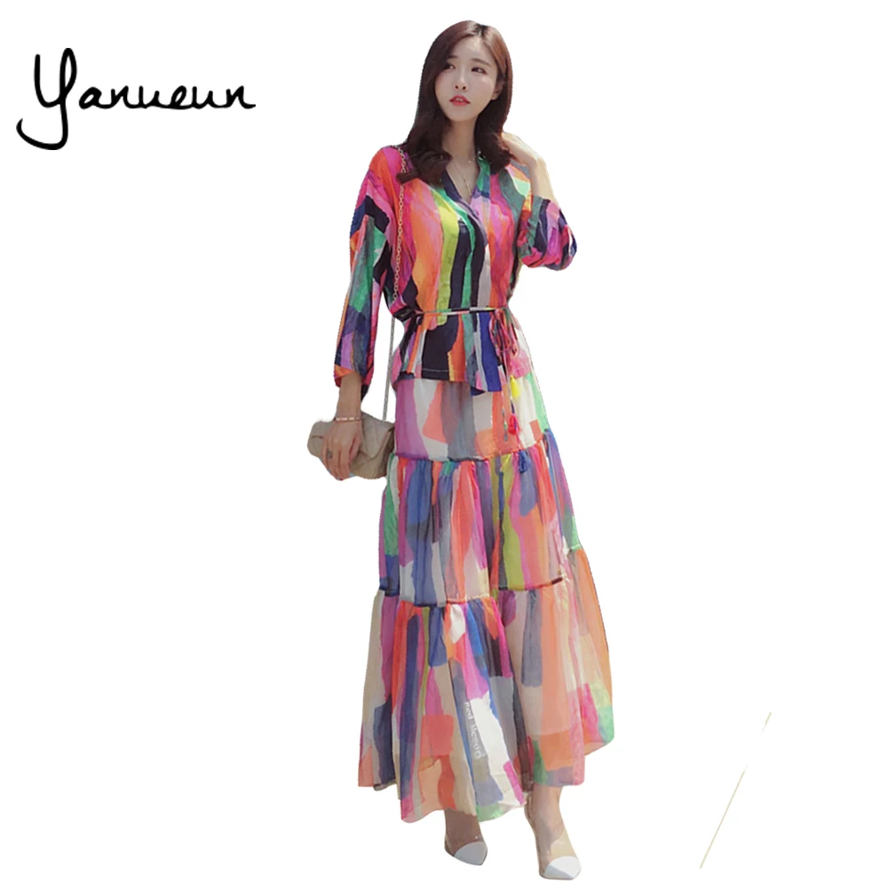 Yanueun Корейских женщин Способа Установить Многоцветный Цветочный Принт Лоскутное