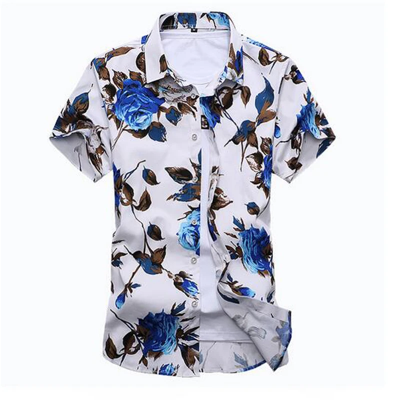 Новая летняя мода Мужская рубашка Slim Fit короткий рукав Футболка с цветочным