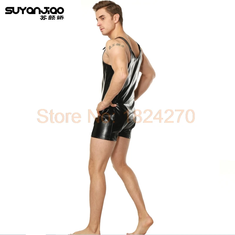 Черный костюм из искусственной кожи латексный для мужчин короткий рукав Wetlook