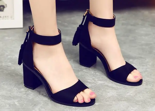 zapatos mujer chunky ladies shoes woman ankle strap summer high heels chaussure femme women sandals pumps tassels P170512 | Обувь