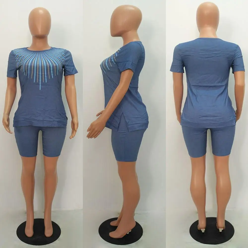 

Fashion Short O-Neck Top With Shorts Washed Denim Print Casual Fashion Two-Piece Suit Plus Size