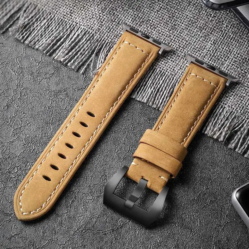 Black-Light Yellow Кутить ручной работы с ума из воловьей кожи ремешок для наручных часов, ремешок для Apple Watch, 42 мм, 38 мм, версия серии 4/3/2/1 кожаный спортивный ремешок для наручных часов iWatch, 44 мм 40 мм - Цвет ремешка: Black-Light Yellow