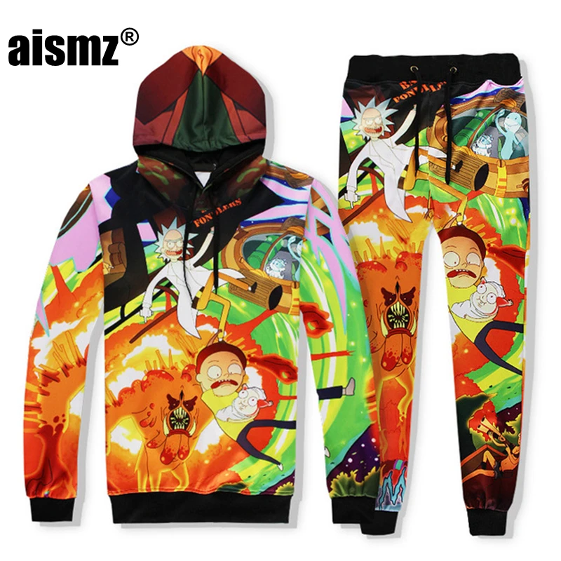 

Aismz Autumn Winter Casual Mens Tracksuit Set Cartoon 3D Print Hooded Sweatshirt+Pants 2 Piece Sets Moletom Masculino Men Suit