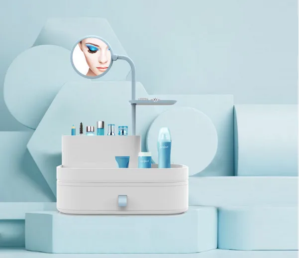 Light blue Органайзер для макияжа, косметический Чехол, пластиковый держатель для хранения, коробка с зеркалом, вращающимся на 360 градусов, с выдвижными ящиками - Цвет: Light blue