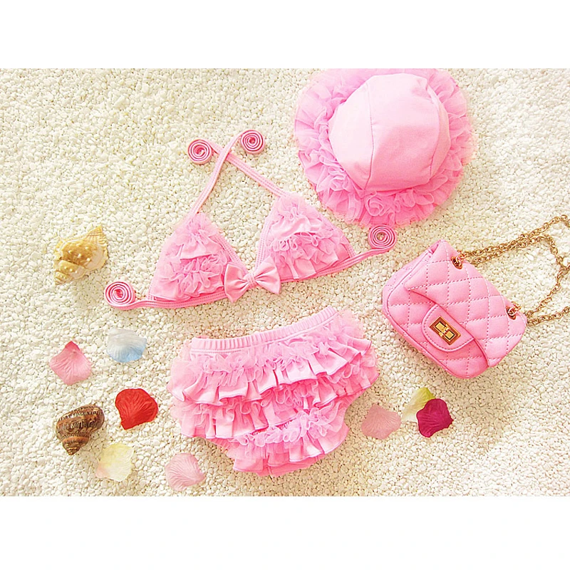 Lovely Girl Children Beachwear Swimsuit Solid Ruffled Summer Two Pieces Swimwear Child Girls Bathing Bikini Set With Swim Cap |