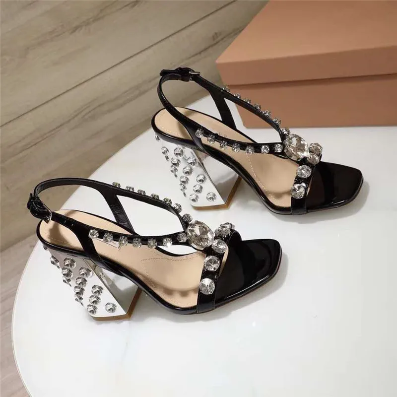 black 10cm heel VIISENANTIN/сандалии-гладиаторы со стразами; женские элегантные вечерние туфли на высоком массивном каблуке, украшенные стразами; женская летняя Свадебная обувь - Цвет: black 10cm heel
