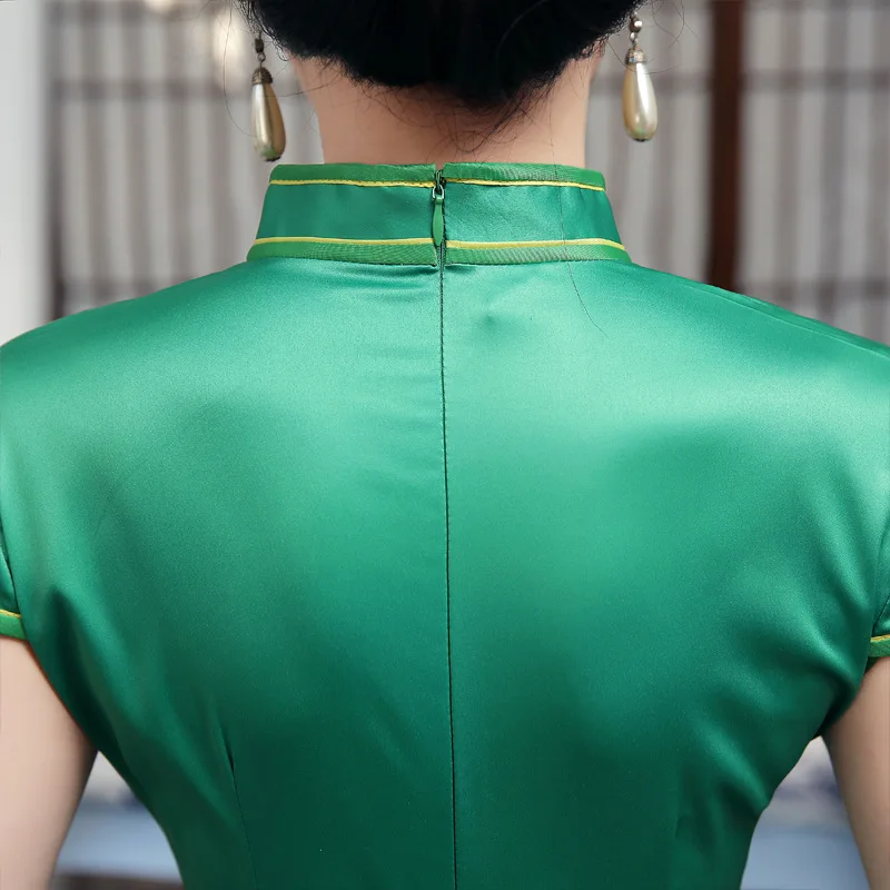Китайский Cheongsam атласная Sexy Тонкий цветочный Повседневное Винтаж женское платье зеленый традиционные короткие платья S-XXL