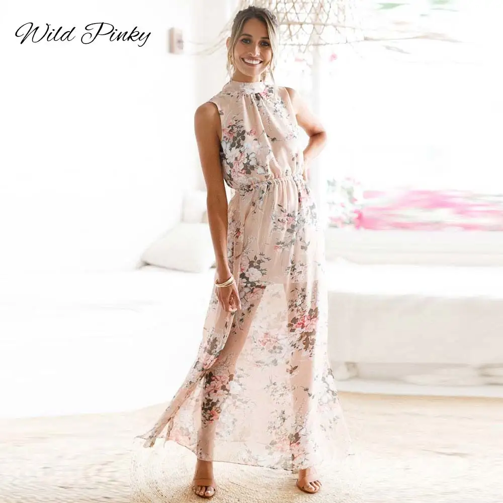 Женское длинное вечернее платье WildPinky пляжное макси в стиле бохо с лямкой на шее и